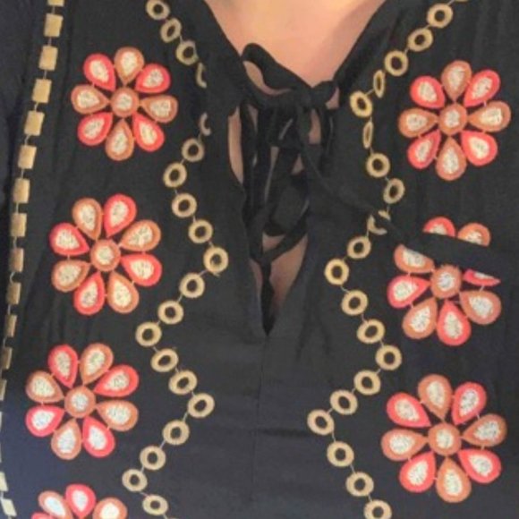 BOHO Flower Embroidered Tie Neck Lantern Sleeve Ruffle maxi dress - Picture 7 of 8